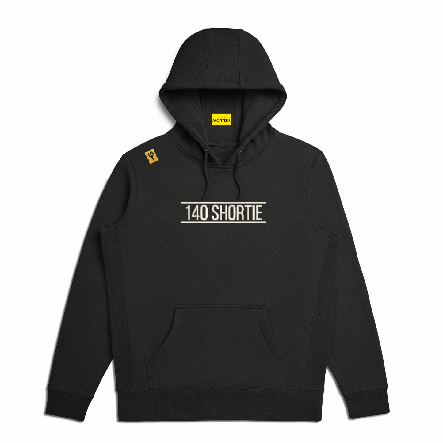 Black hooded sweatshirt, with 140 SHORTIE type on the chest. 