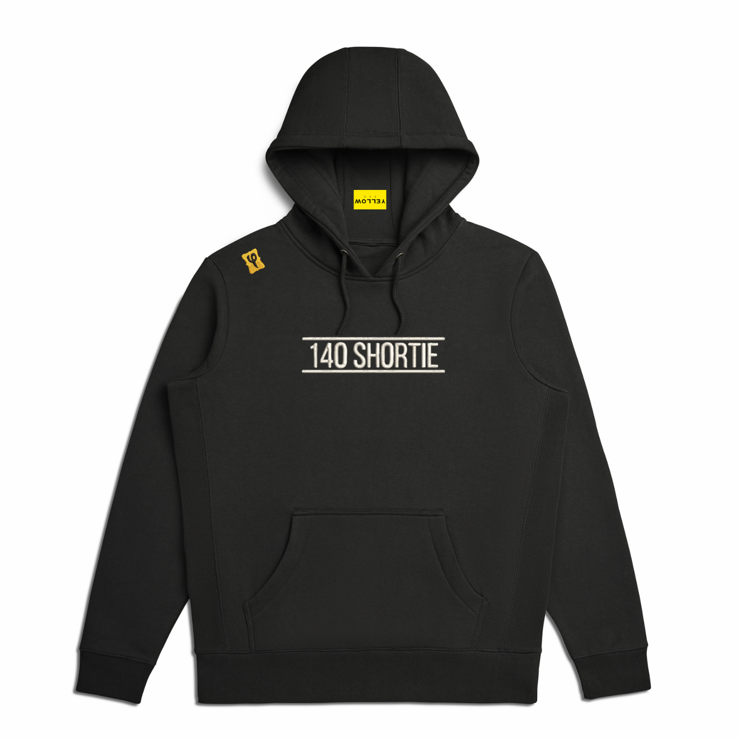 Black hooded sweatshirt. "140 SHORTIE" embroidered across chest. Yellow Tag Apparel logo on right shoulder. Yellow Tag alt logo inside hood.