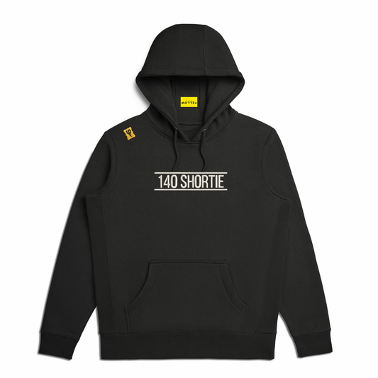 Black hooded sweatshirt, with 140 SHORTIE type on the chest. 