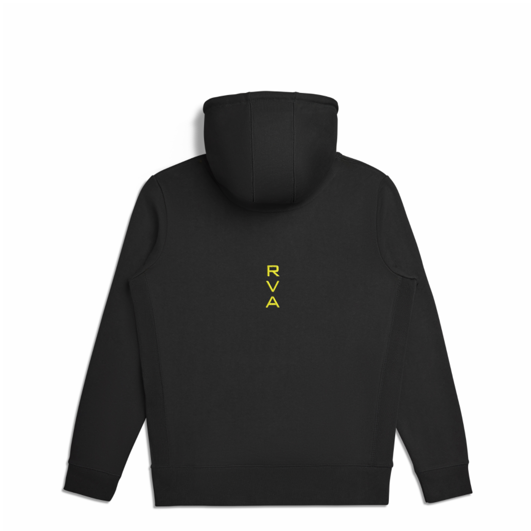 Black hooded sweatshirt - back. RVA embroidered vertically in yellow.