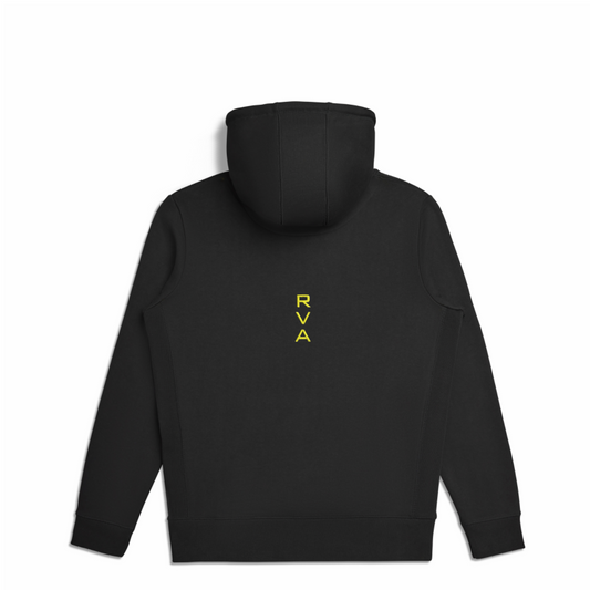 Black hooded sweatshirt - back. RVA embroidered vertically in yellow.