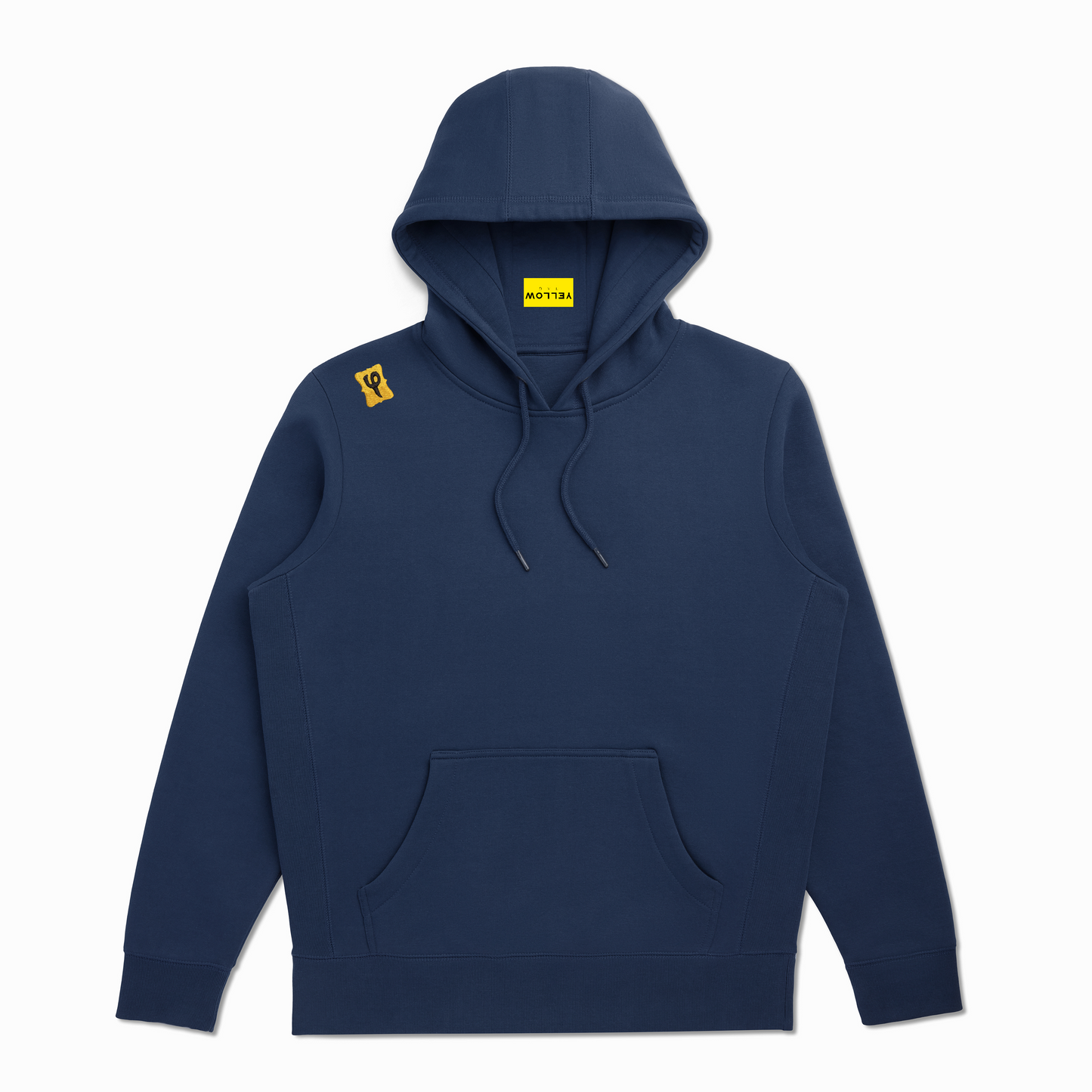 Navy hooded sweatshirt. Yellow Tag Apparel logo on right shoulder. Yellow Tag alt logo inside hood.