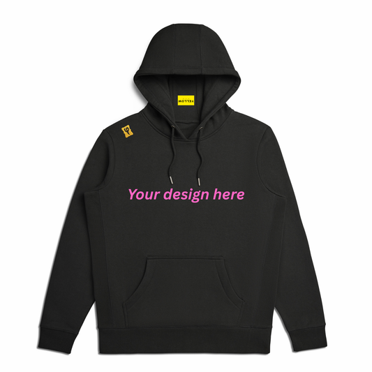 Black hoodie with Yellow tag and yellow logo with text that says "Your design here". 